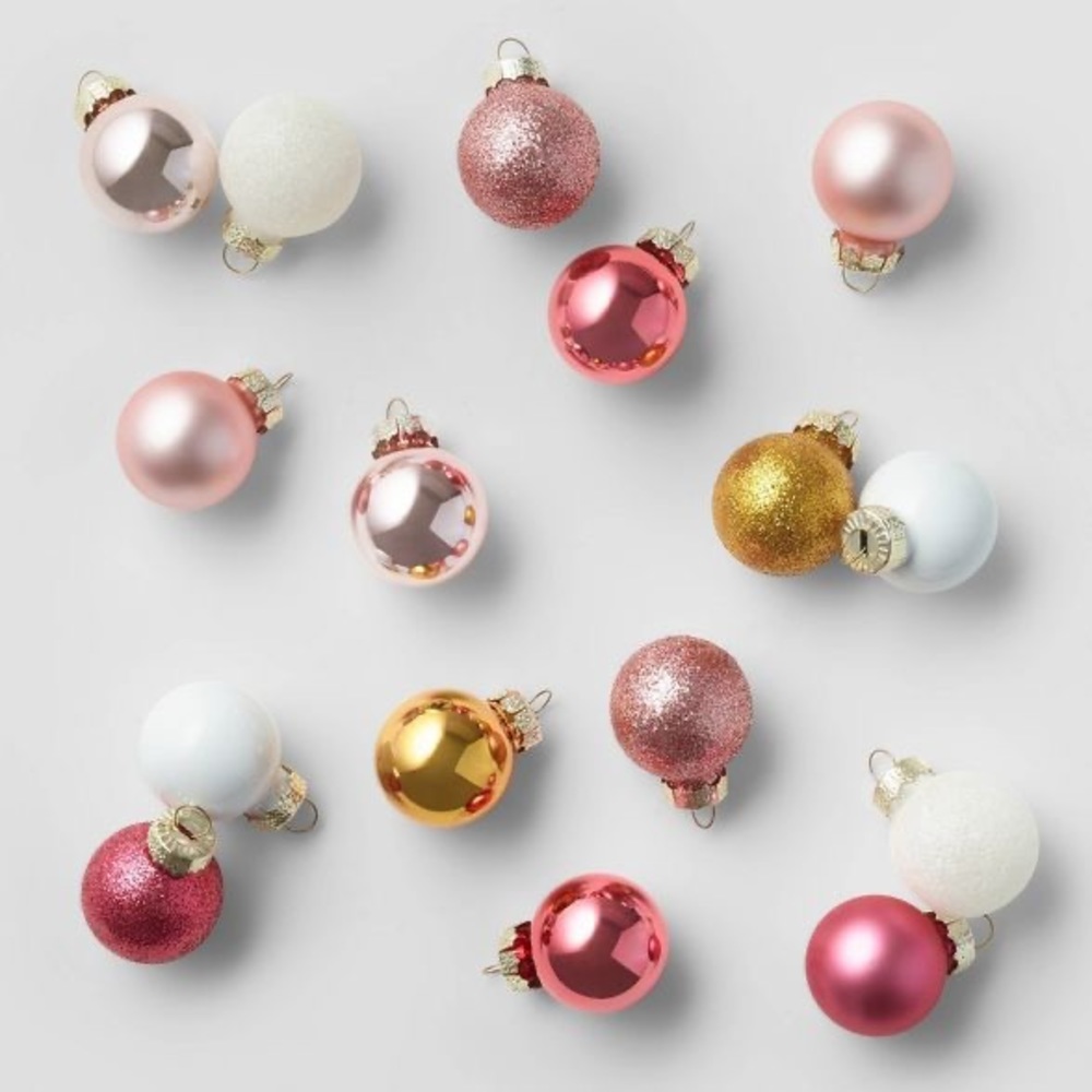 16 count 25mm Glass Ball Christmas Ornament Set Frosted Rose Blush Pink nwt